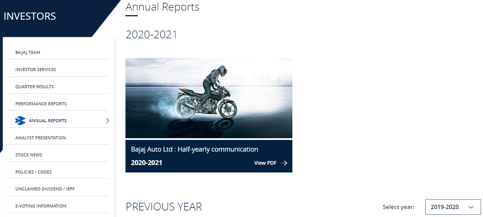 Investor Relations page on Bajaj Auto Ltd’s website