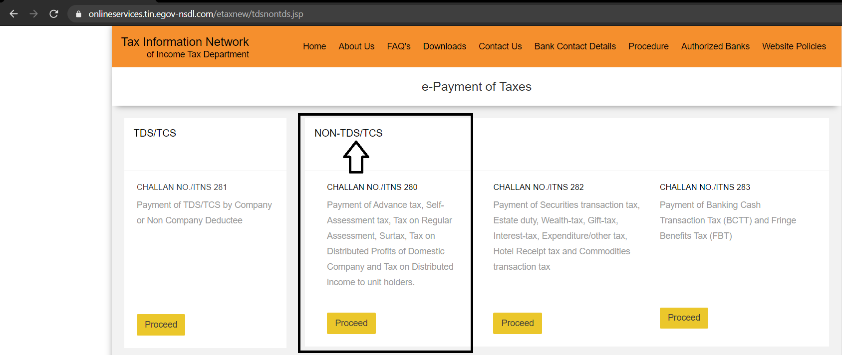 Challan number to be selected on the income tax portal - Light mode