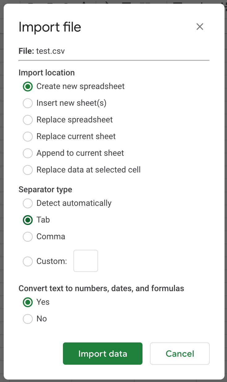 Importing CSV File into Spreadsheet - Light Mode
