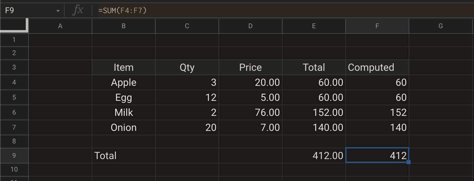 Excel SUM Function Result : Dark Theme