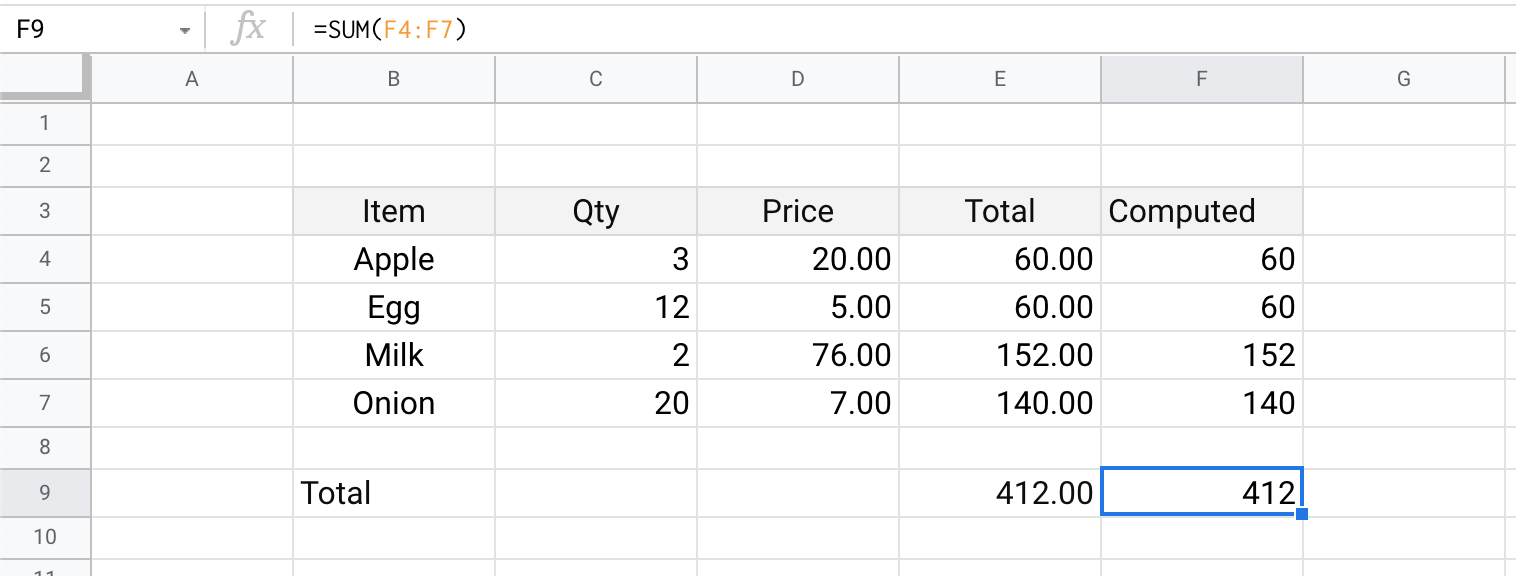 Excel SUM function result: Light theme