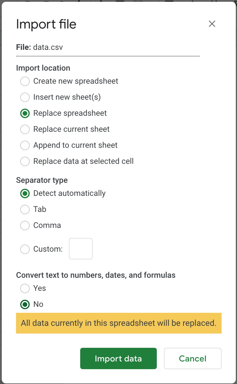 Import Data Settings - Light Mode