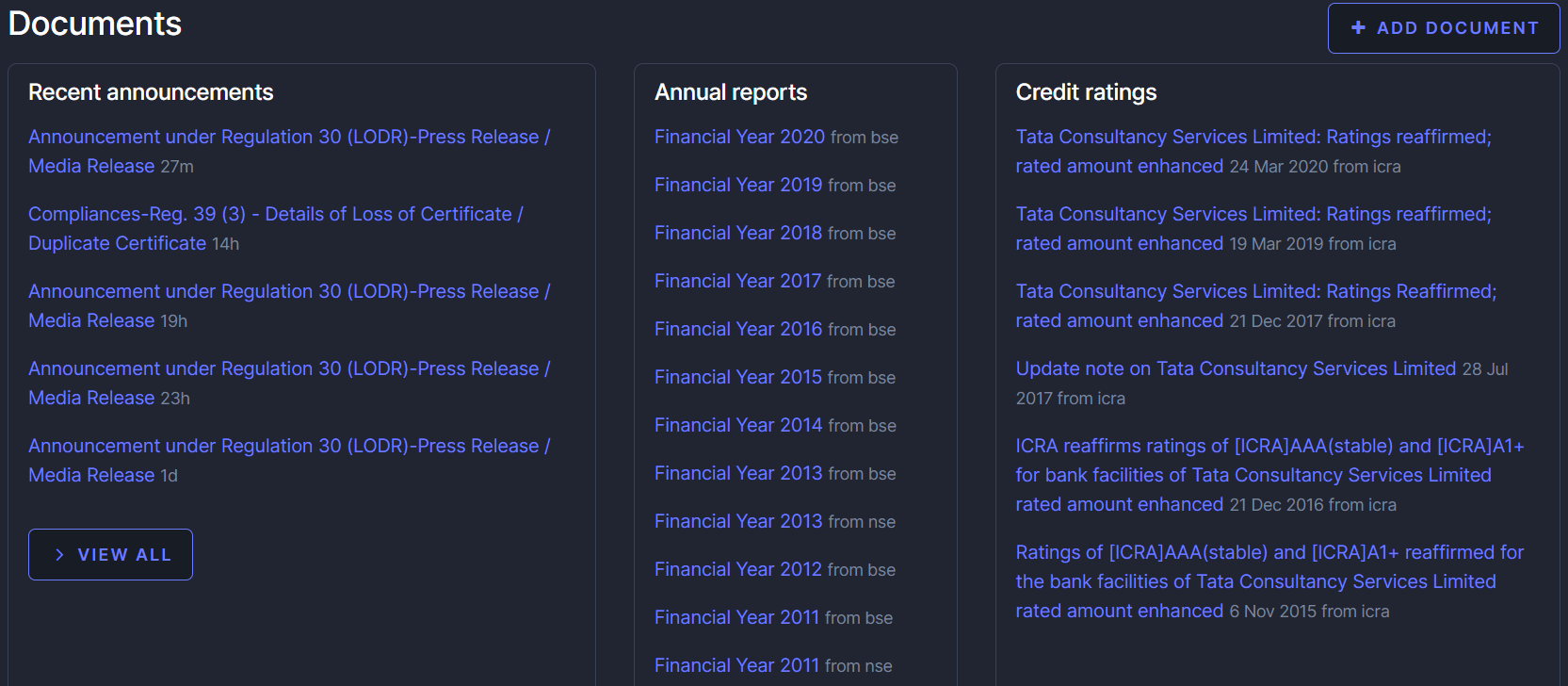 Documents section of Tata Consultancy Services Ltd’s Screener page