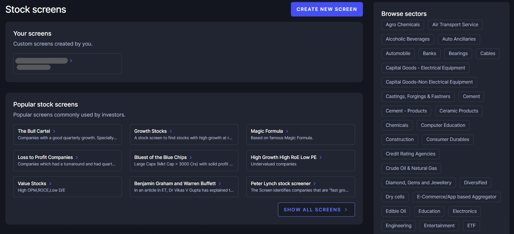 Screens page on Screener