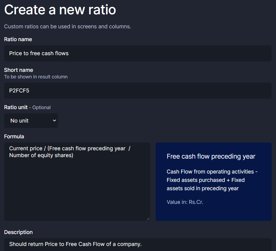 Create a new ratio dialogue on Screener