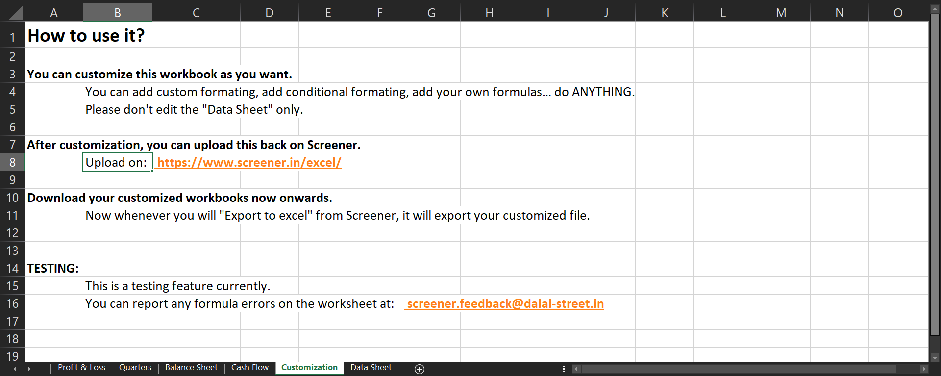 Exported excel sheet’s Customization tab as it would appear by default